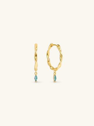MEDIUM RIBBON HOOPS WITH CZ BLUE TOPAZ MARQUISE CHARMS
